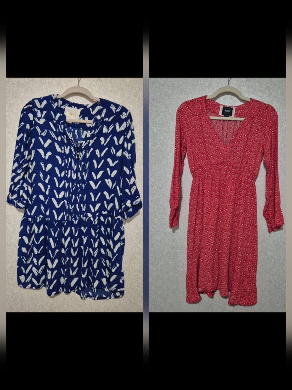 Anthropologie Bundle-2 Blue & White Printed Tiered Long-Sleeve Dress-XS